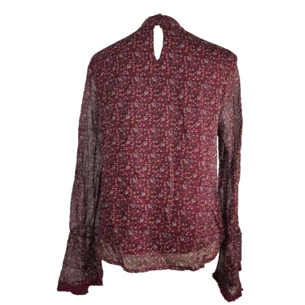 Blush Noir Women’s Floral Sheer Lined Ruffle Blouse Sz Large Burgundy Neck Bib - Picture 4 of 12